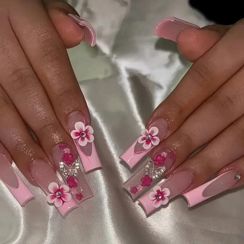 24pcs Blue French Press-On Nails – Short Duckbill, Star Rhinestone Gradient Y2K Design - All Things Beauty -