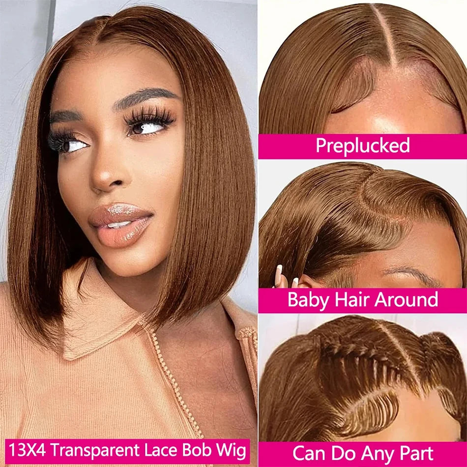 220 Density HD Lace Bob Wig – 13x4, Chocolate Brown Straight Human Hair, Pre-Plucked - All Things Beauty -