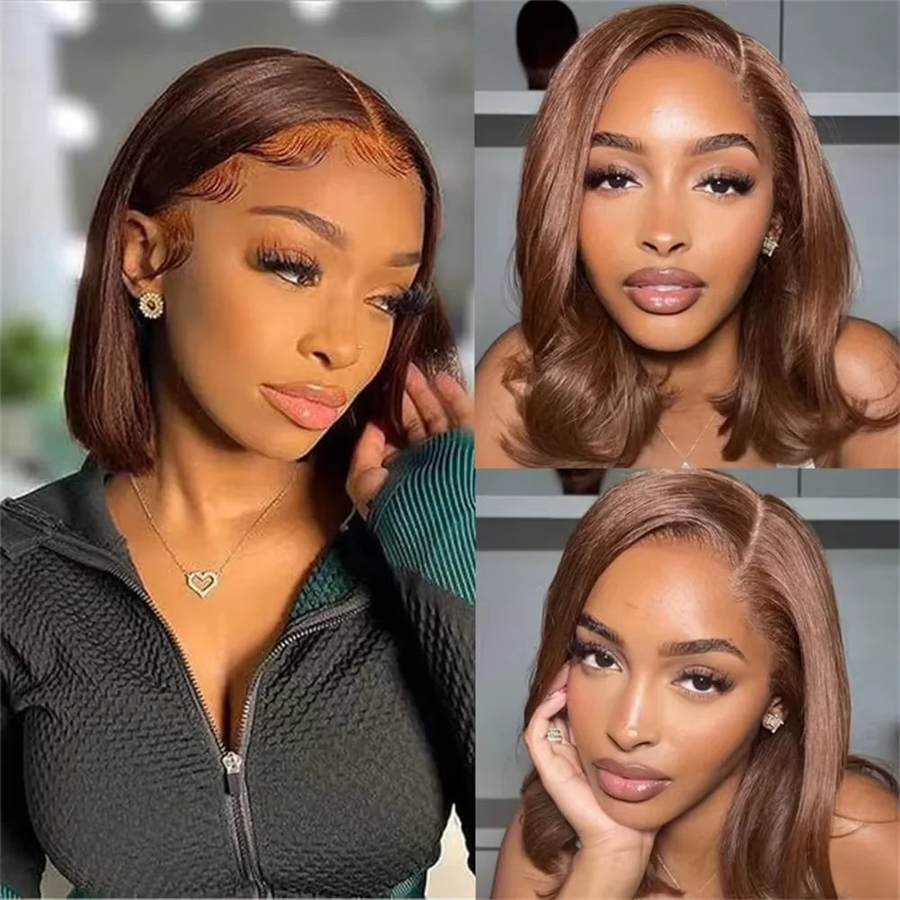 220 Density HD Lace Bob Wig – 13x4, Chocolate Brown Straight Human Hair, Pre-Plucked - All Things Beauty -