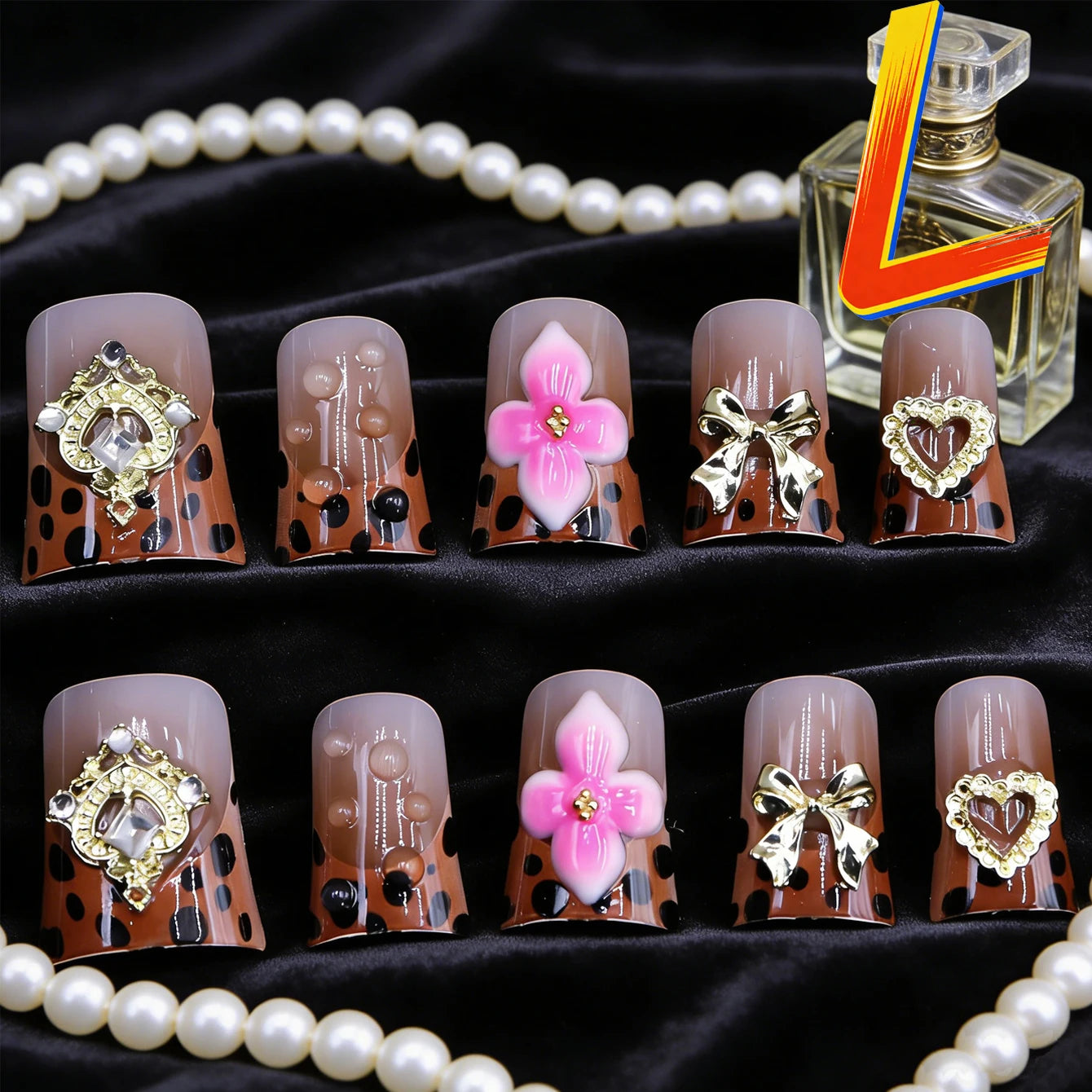 10PCS Diamond French Fake Nails – Nude Short Square with Gold Glitter & Leopard Design - All Things Beauty -