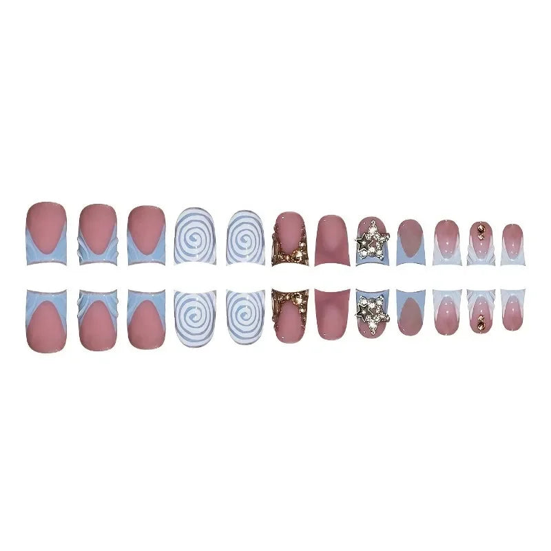 24pcs Blue French Press-On Nails – Short Duckbill, Star Rhinestone Gradient Y2K Design - All Things Beauty -