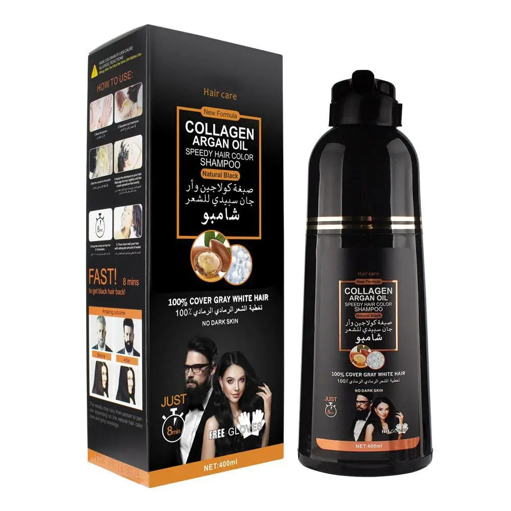 3-in-1 Collagen Argan Hair Dye Shampoo 500ml – Black Color & Gray Coverage for Men & Women - All Things Beauty -