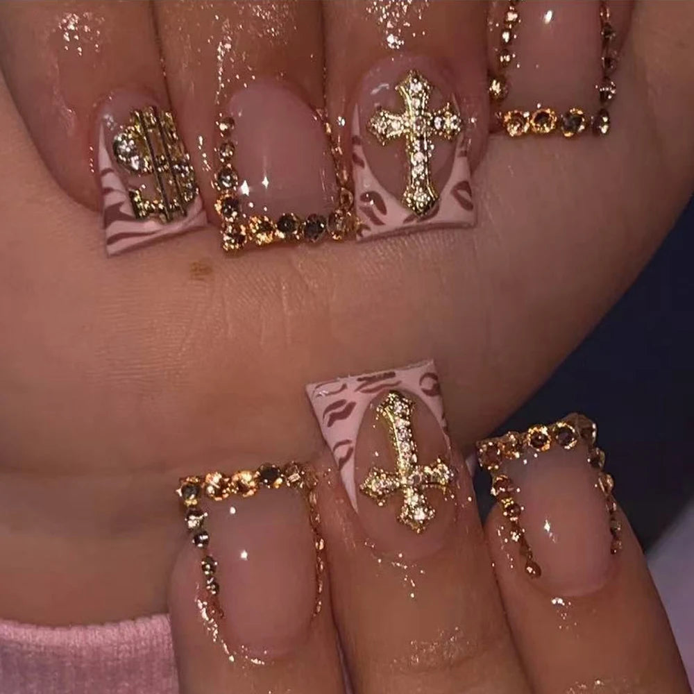 10PCS Diamond French Fake Nails – Nude Short Square with Gold Glitter & Leopard Design - All Things Beauty -