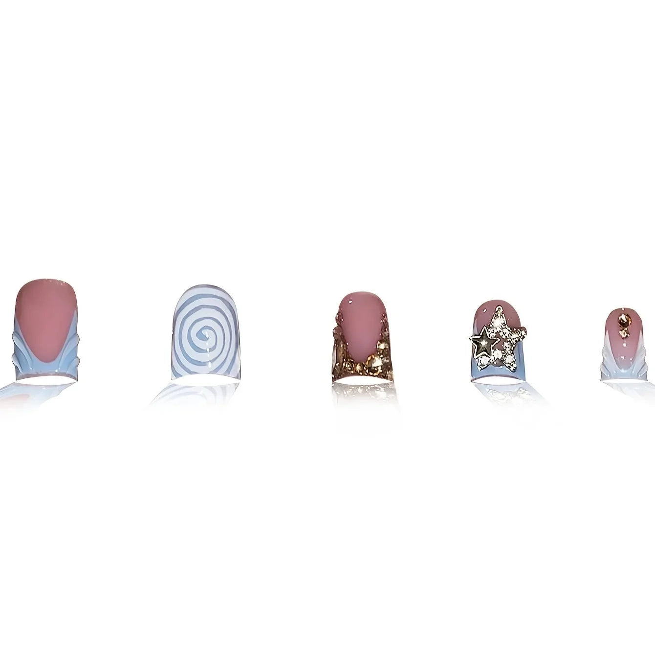 24pcs Blue French Press-On Nails – Short Duckbill, Star Rhinestone Gradient Y2K Design - All Things Beauty -