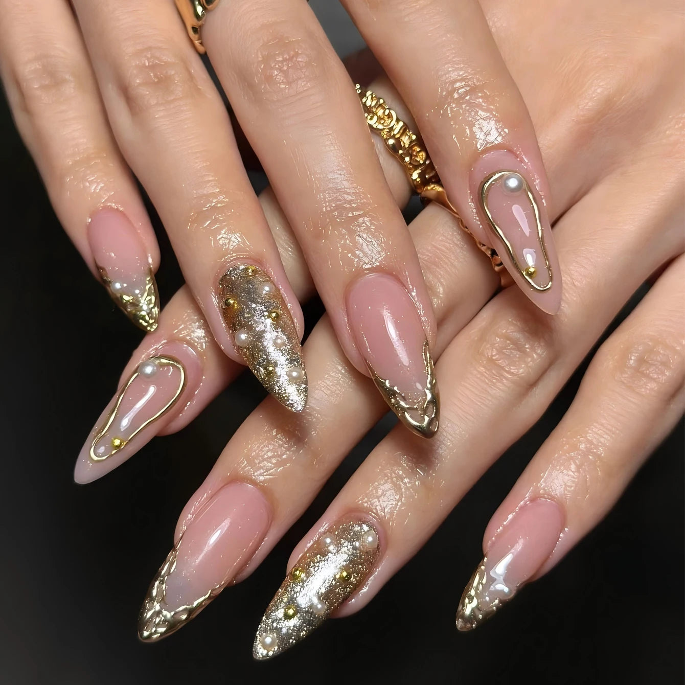 10PCS Diamond French Fake Nails – Nude Short Square with Gold Glitter & Leopard Design - All Things Beauty -