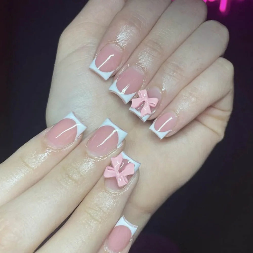 Wearable Manicure French Fake Nails Detachable Butterfly Flash Nail Tips Full Cover Square Head Press on Nails Women - All Things Beauty -