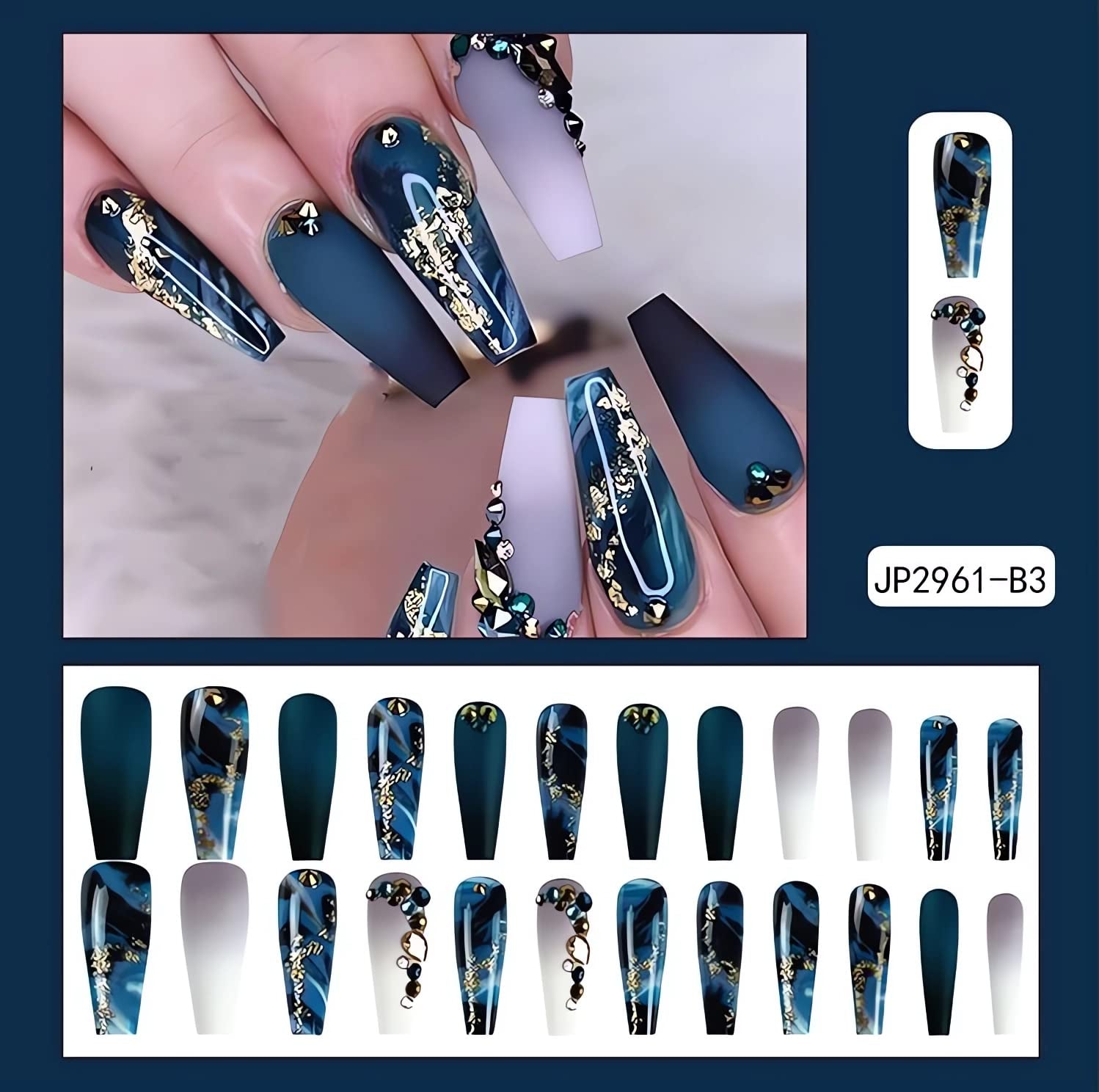 Long Press on Nails Navy Blue Coffin Fake Nails French Marble False Nails with Glitter Designs Rhinestones Glue on Nail Matte Stick on Artificial Nails for Women 24Pcs - All Things Beauty -