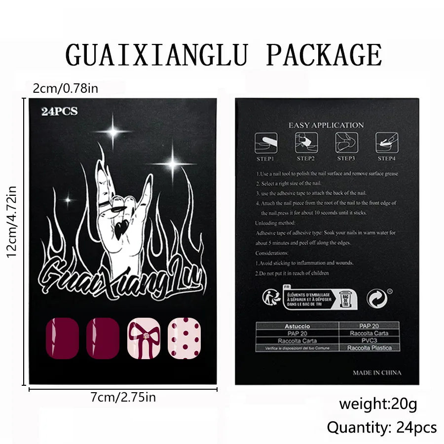 Short Square Press on Nails Glossy Red Wine Dots Bow Glitter Fake Nails 24Pcs Women Cute Sweet Fall Winter - All Things Beauty -