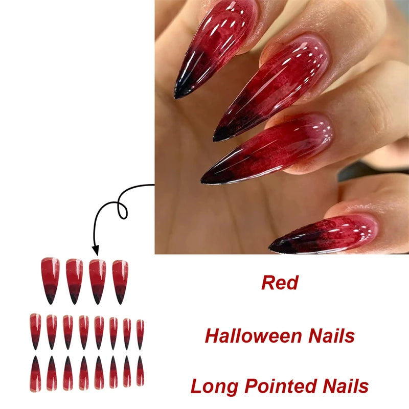 24Pcs Halloween Blood Press on Nails Set Long Coffin Glossy Acrylic Nail Tips Full Cover Ballerina False Nails for Women&Girls - All Things Beauty -