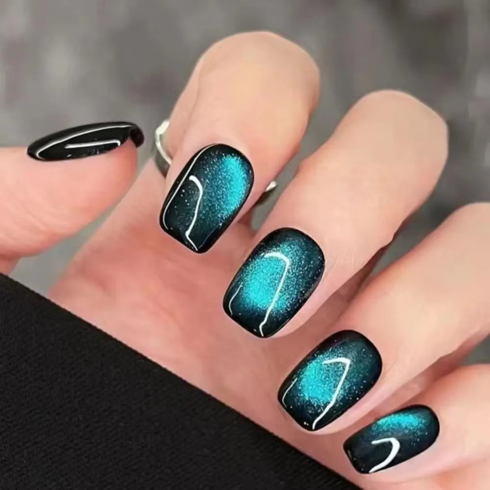 24Pcs/Box Cat Eye Manicure Press on Nails Reusable Glitter Full Cover Fake Nails Short Stick on Nails DIY Nails Art - All Things Beauty -