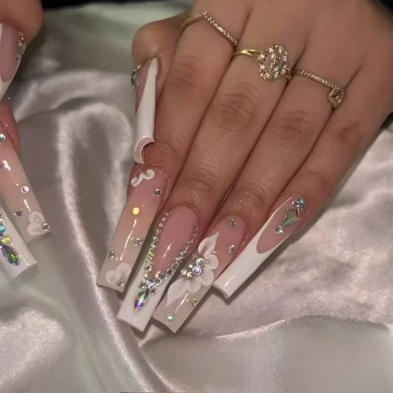 24Pcs Long French Fake Nails with Glue Ballet False Nails Butterfly Rhinestone Design Press on Nails Wearable Coffin Nail Tips - All Things Beauty -