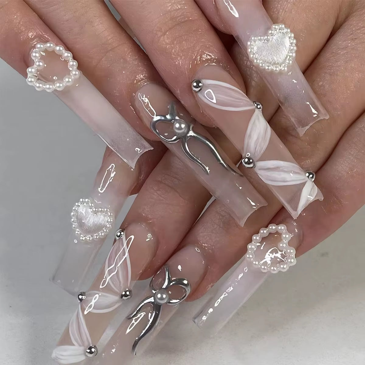 24Pcs Long French Fake Nails with Glue Ballet False Nails Butterfly Rhinestone Design Press on Nails Wearable Coffin Nail Tips - All Things Beauty -