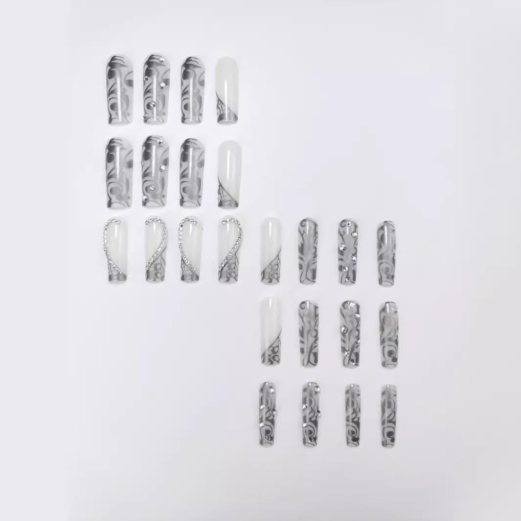 Long Press on Nails Square - Silver French Tip Fake Nails with Heart Design - Rhinestone, Elegant Full Cover Stick on False Nails - for Women 24 Pcs - All Things Beauty -