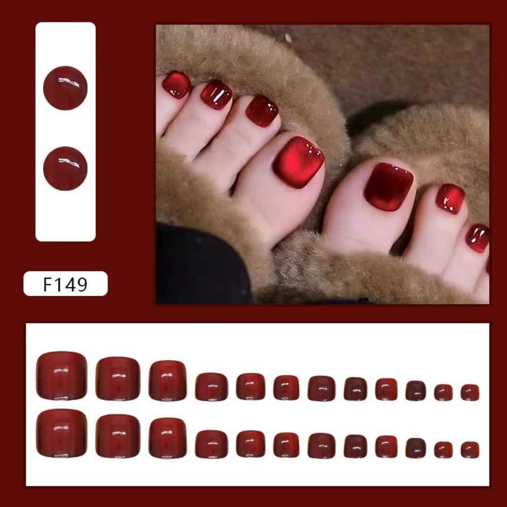 24Pcs Fake Toenails French Full Cover Summer Red Cat Eye Short Square Toe Nails Foot Nails Tips for Women Girl Press on Nails - All Things Beauty -