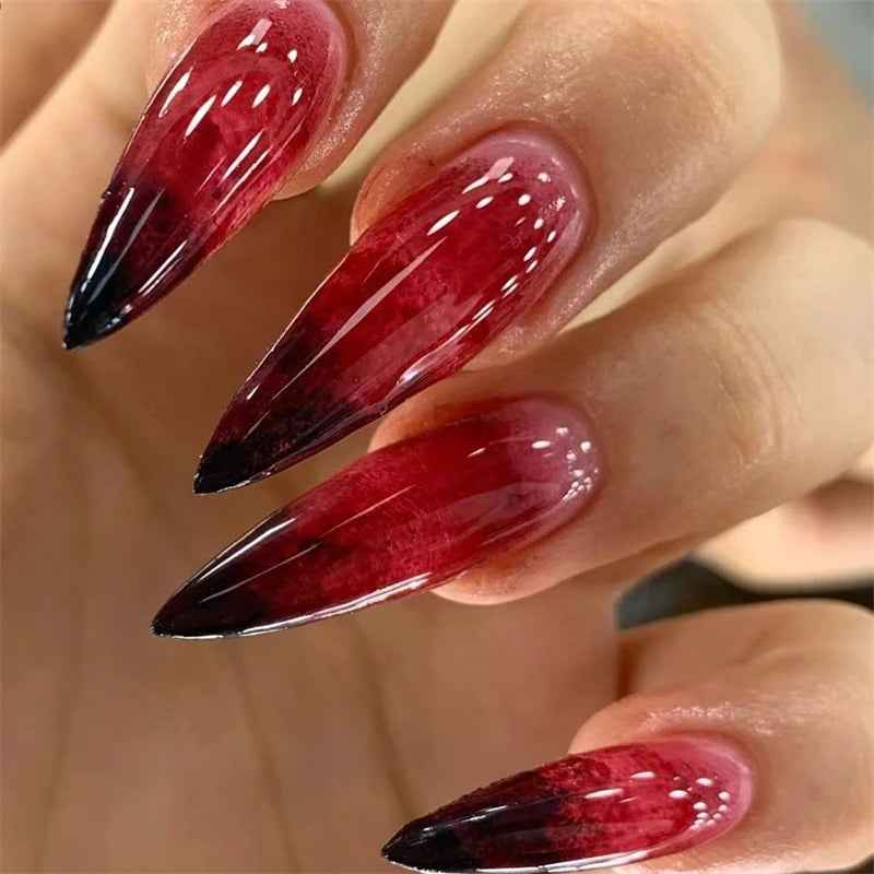 24Pcs Halloween Blood Press on Nails Set Long Coffin Glossy Acrylic Nail Tips Full Cover Ballerina False Nails for Women&Girls - All Things Beauty -