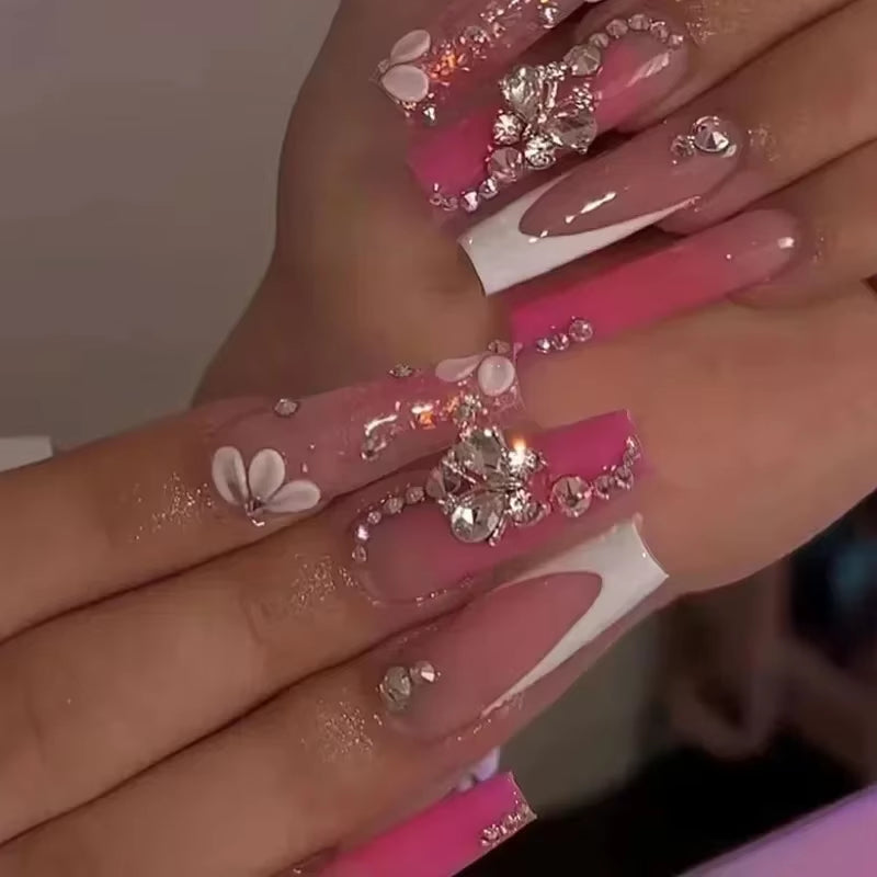 24Pcs Long French Fake Nails with Glue Ballet False Nails Butterfly Rhinestone Design Press on Nails Wearable Coffin Nail Tips - All Things Beauty -