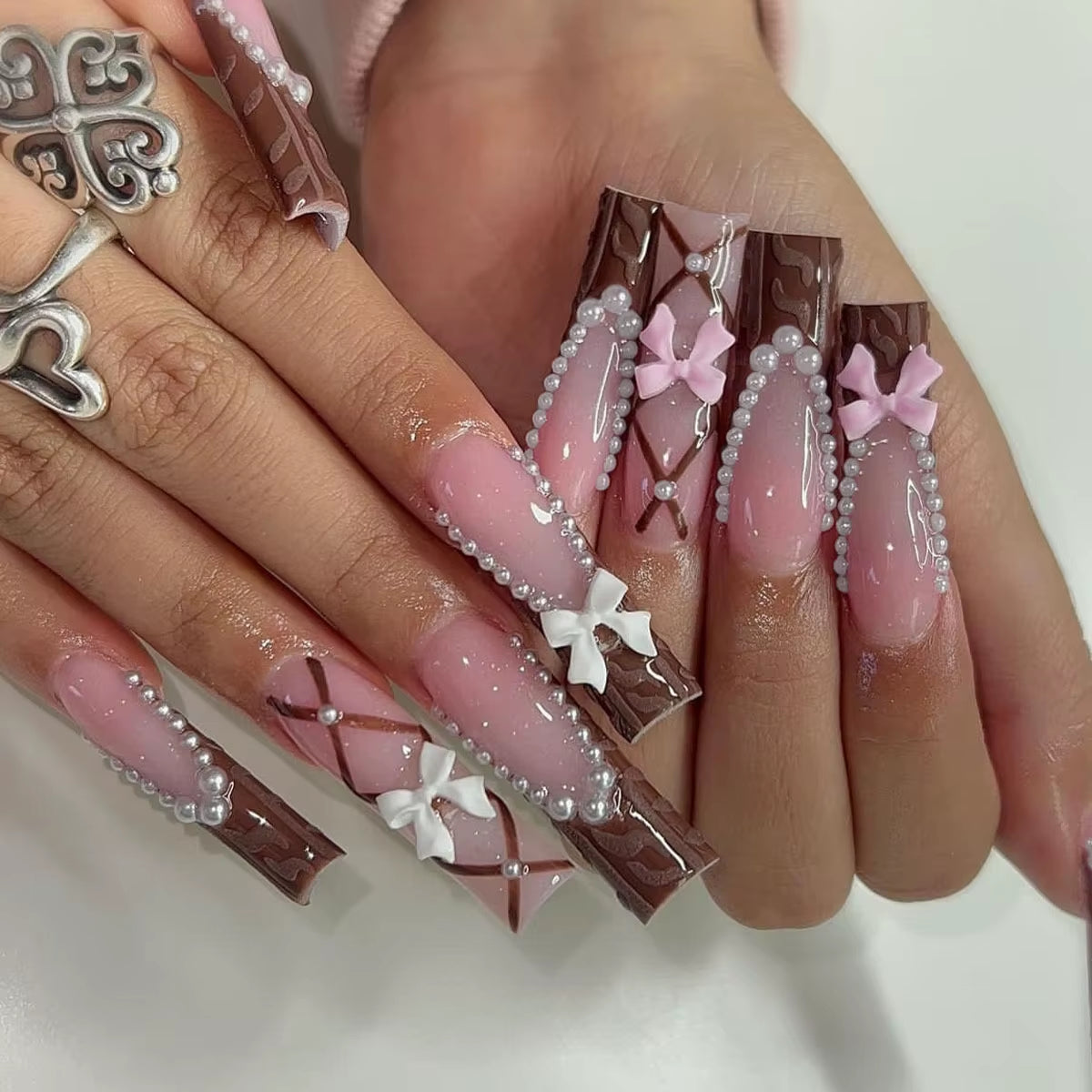 24Pcs Long French Fake Nails with Glue Ballet False Nails Butterfly Rhinestone Design Press on Nails Wearable Coffin Nail Tips - All Things Beauty -