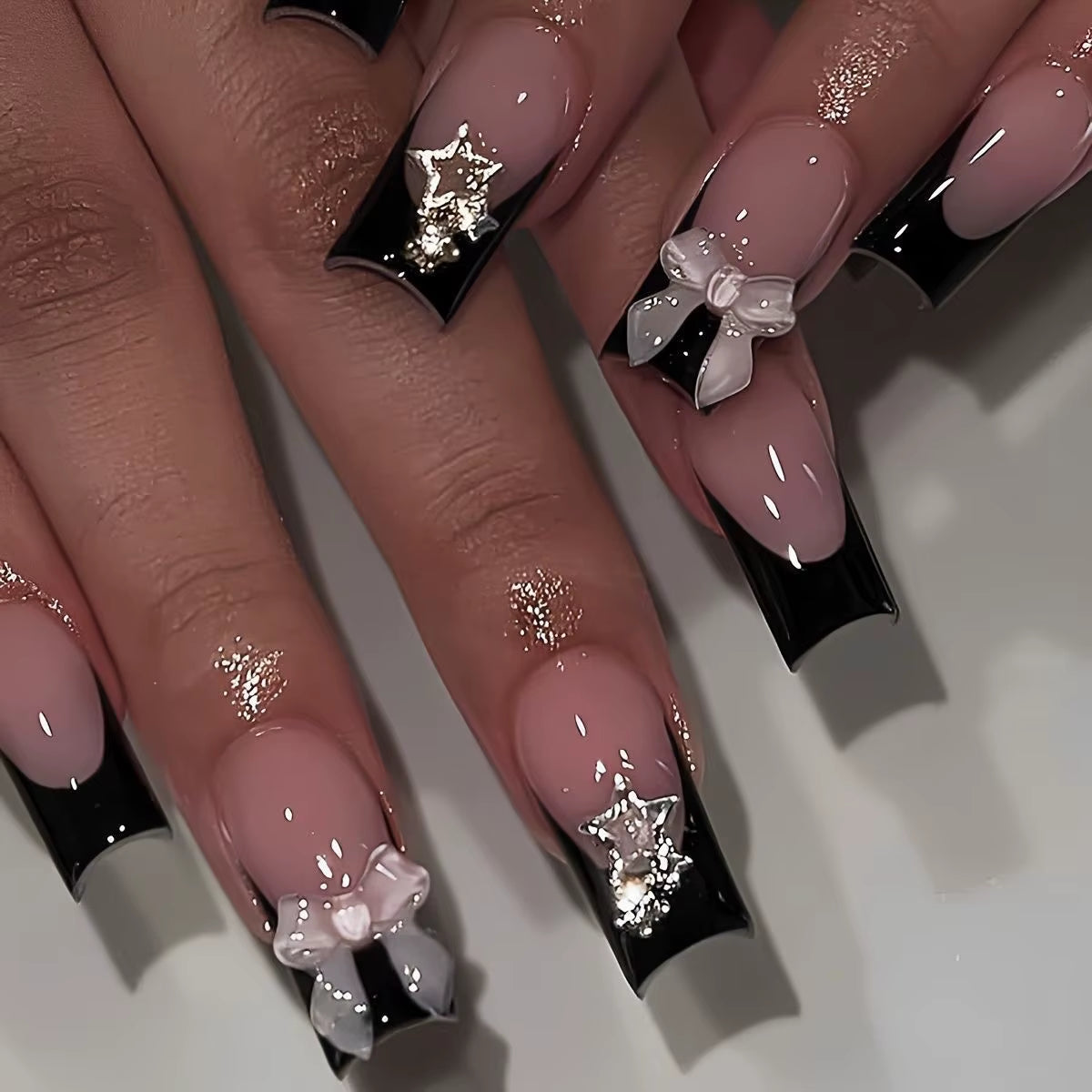 24Pcs Long French Fake Nails with Glue Ballet False Nails Butterfly Rhinestone Design Press on Nails Wearable Coffin Nail Tips - All Things Beauty -