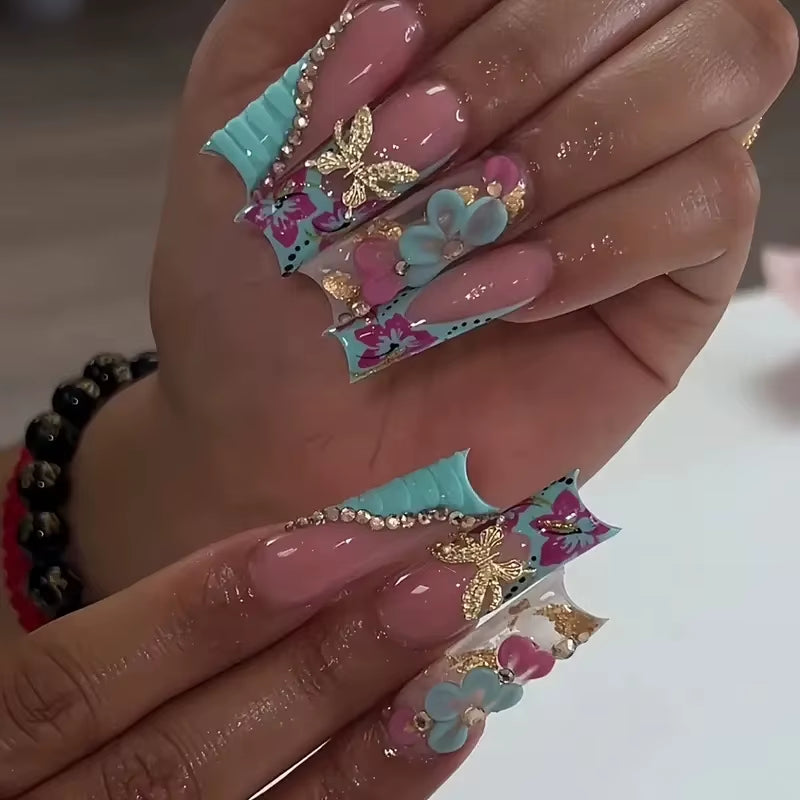 24Pcs Long French Fake Nails with Glue Ballet False Nails Butterfly Rhinestone Design Press on Nails Wearable Coffin Nail Tips - All Things Beauty -