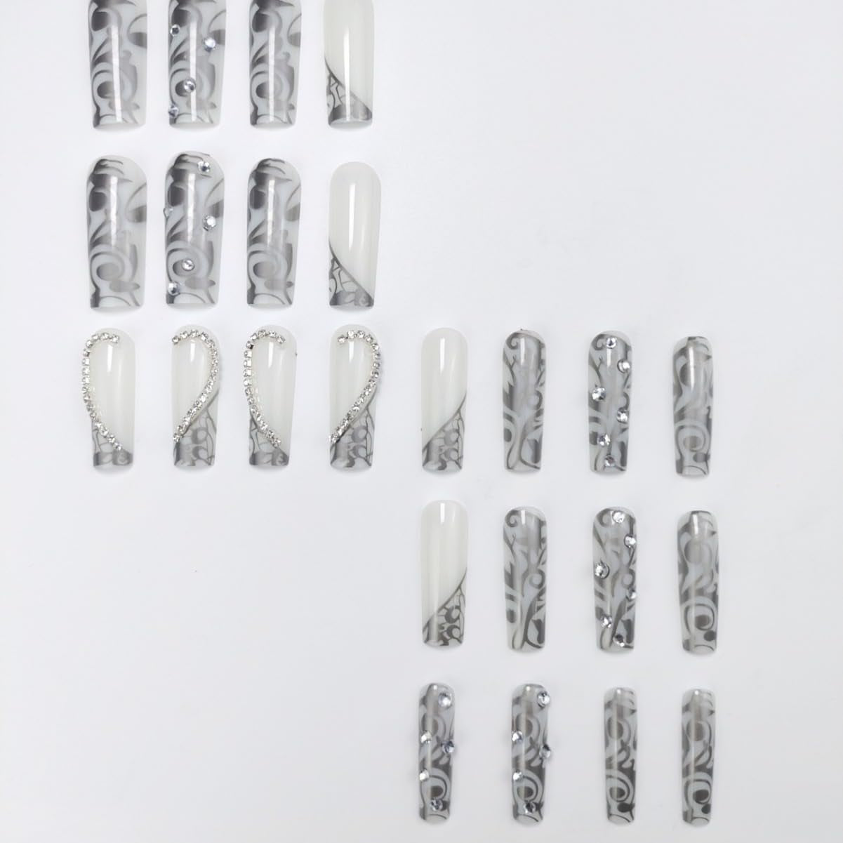 Long Press on Nails Square - Silver French Tip Fake Nails with Heart Design - Rhinestone, Elegant Full Cover Stick on False Nails - for Women 24 Pcs - All Things Beauty -