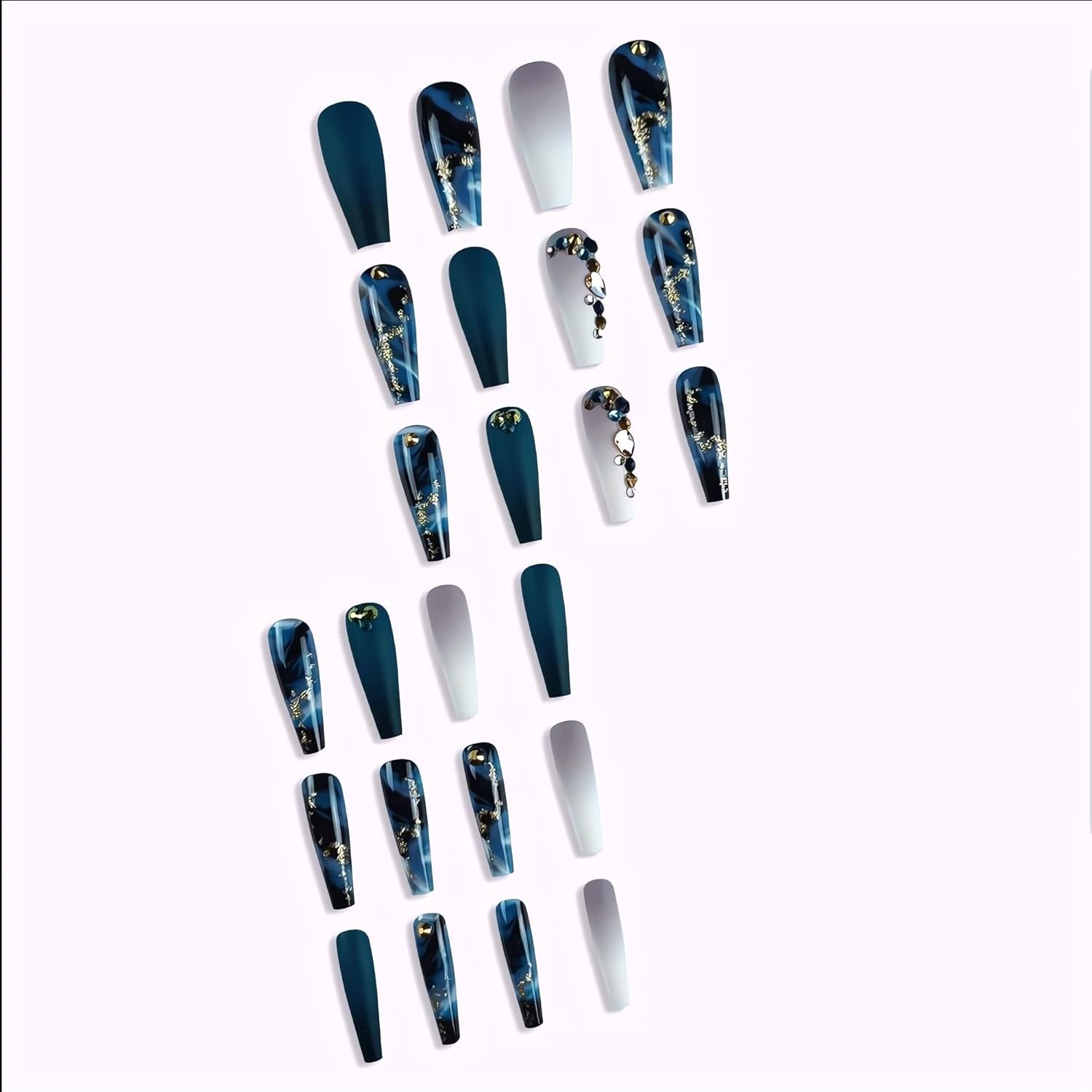 Long Press on Nails Navy Blue Coffin Fake Nails French Marble False Nails with Glitter Designs Rhinestones Glue on Nail Matte Stick on Artificial Nails for Women 24Pcs - All Things Beauty -