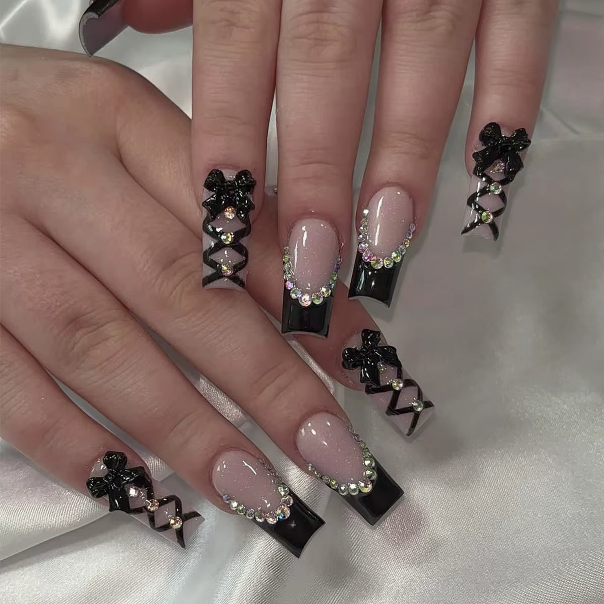 24Pcs Long French Fake Nails with Glue Ballet False Nails Butterfly Rhinestone Design Press on Nails Wearable Coffin Nail Tips - All Things Beauty -