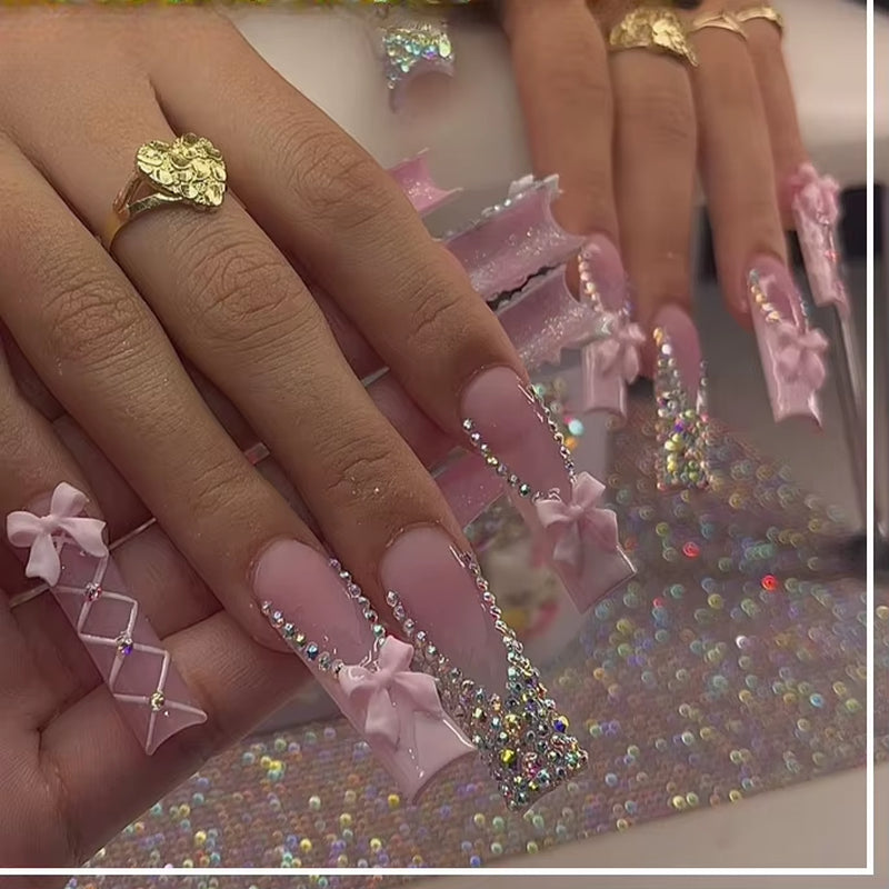 24Pcs Long French Fake Nails with Glue Ballet False Nails Butterfly Rhinestone Design Press on Nails Wearable Coffin Nail Tips - All Things Beauty -