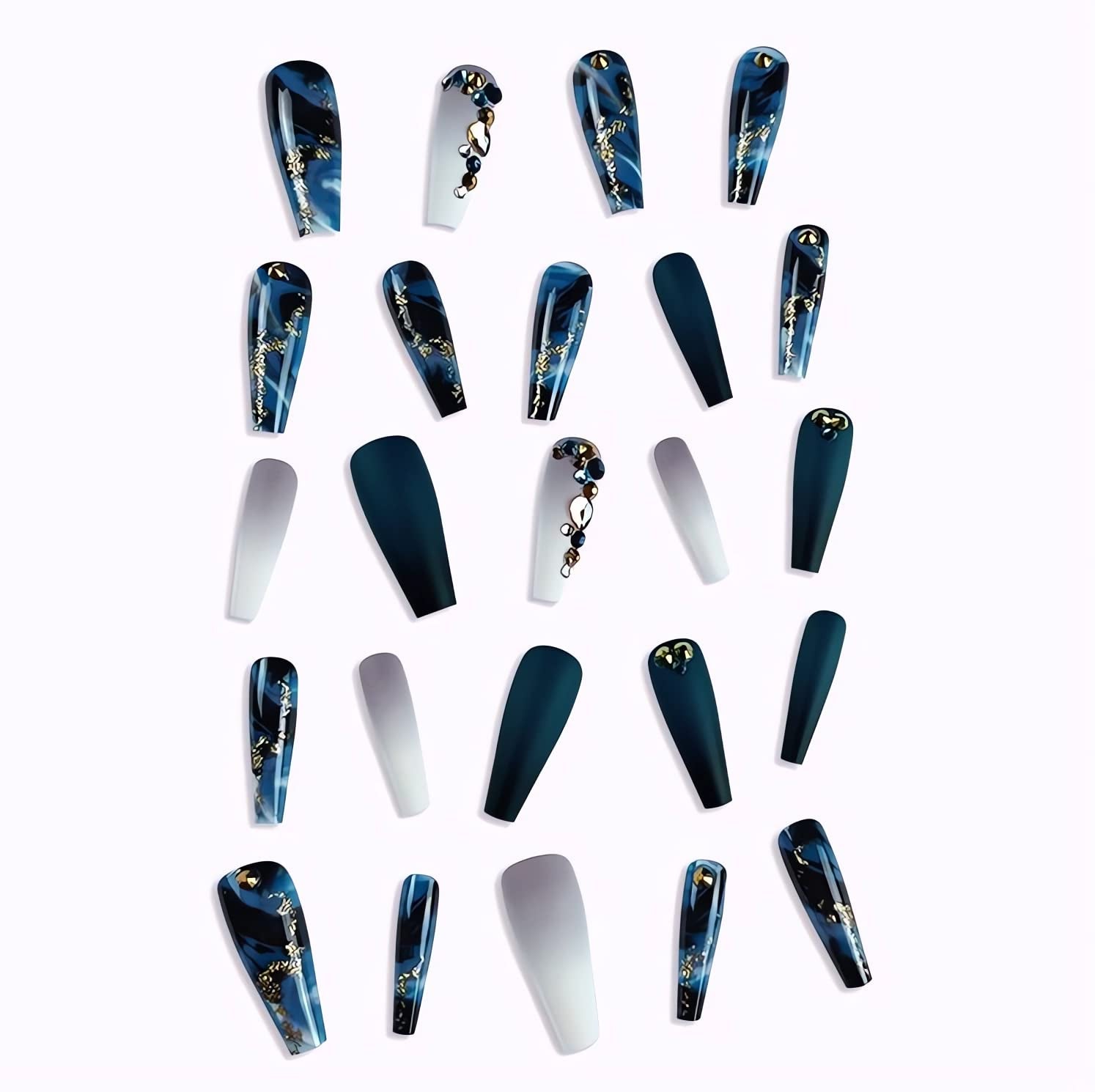 Long Press on Nails Navy Blue Coffin Fake Nails French Marble False Nails with Glitter Designs Rhinestones Glue on Nail Matte Stick on Artificial Nails for Women 24Pcs - All Things Beauty -
